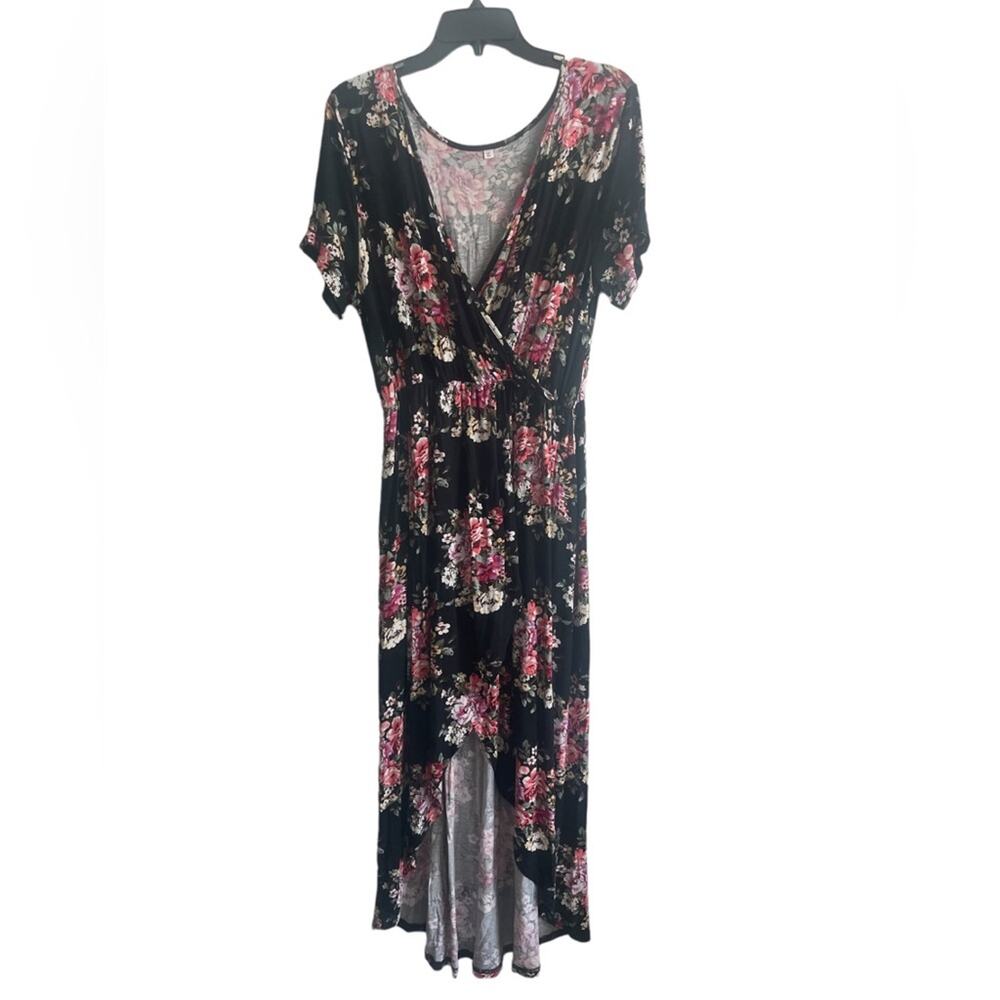 Black Floral Maxi Dress Womens XL Surplice V Neck Short Sleeve Front Slit Flowy